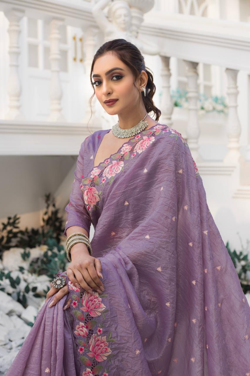 Women's Pristine White Organza Saree with Exquisite Pink & Green Floral Thread Embroidery – Complete with Matching Embroidered Blouse for Festive & Summer Wear - Image 14